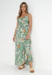 Zielona Sukienka Nerin. Zielone sukienki Born2be, na plażę, l, bez wzorów, z tkaniny, boho, bez kołnierzyka, bez ramiączek, maxi, kopertowe. Za 84.99 zł.