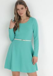 Miętowa Gładka Sukienka Mini z Długimi Rękawami Irimona. Zielone sukienki Born2be, l, bez wzorów, bez kołnierzyka, bez ramiączek, mini. Za 49.99 zł.