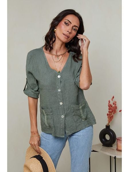 Le Monde du Lin Lniana bluzka w kolorze zielonym rozmiar: 38/40. Zielone bluzki Le Monde du Lin, bez wzorów, ze lnu, klasyczne, bez kołnierzyka, bez ramiączek. Za 154.07 zł.