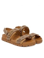 Guess Sandały FLPZY2 FAL03 Brązowy. Brązowe sandały Guess, z aplikacjami, z materiału, bez obcasa, na płaskiej podeszwie, bez zapięcia. Za 499.99 zł.