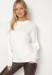 Biały Gładki Sweter z Rękawami Typu Nietoperz Ralanevia. Białe swetry Born2be, l, bez wzorów, bez ramiączek. Za 79.99 zł.