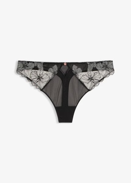 Stringi z subtelną koronką. Czarne stringi bonprix, bez wzorów, z koronki. Za 24.99 zł.
