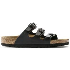 Klapki damskie BIRKENSTOCK Florida Soft Footbed Birko-Flor. Czarne klapki Birkenstock, bez wzorów, ze skóry, bez obcasa. Za 429.99 zł.