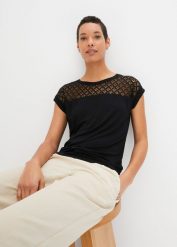 T-shirt z koronką z mieszanki wiskozy. Białe t-shirty bonprix, bez wzorów, z koronki, bez kołnierzyka, bez ramiączek. Za 67.99 zł.