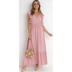 Różowa Sukienka z Wiskozy Aserus. Czerwone sukienki Born2be, l, bez wzorów, z tkaniny, bez kołnierzyka, bez ramiączek, maxi, kopertowe. Za 29.99 zł.