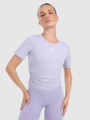4F Crop-top do jogi i pilatesu szybkoschnący damski - fioletowy M. Niebieskie koszulki sportowe 4f, bez wzorów, z elastanu, bez ramiączek, na jogę i pilates. Za 99.99 zł.