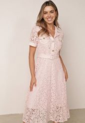 Różowa Wiskozowa Sukienka Koronkowa z Bawełną Ozdobiona Paskiem i Guzikami Briasella. Czerwone sukienki Born2be, m, bez wzorów, z bawełny, eleganckie, bez kołnierzyka, bez ramiączek, midi. Za 289.99 zł.