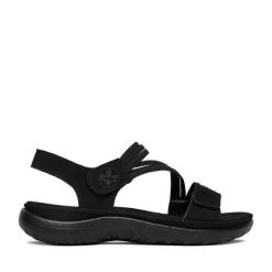 Sandały Rieker. Czarne sandały Rieker, bez wzorów, bez obcasa, na płaskiej podeszwie, bez zapięcia. Za 319.99 zł.