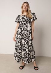 Czarna Rozkloszowana Sukienka z Wiskozy z Bufiastymi Rękawami w Roślinny Wzór Semea. Czarne sukienki Born2be, do pracy, bez wzorów, z materiału, biznesowe, bez kołnierzyka, bez ramiączek, maxi, proste. Za 89.99 zł.