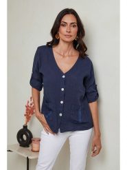 Le Monde du Lin Lniana bluzka w kolorze granatowym rozmiar: 38/40. Niebieskie bluzki Le Monde du Lin, bez wzorów, ze lnu, klasyczne, bez kołnierzyka, bez ramiączek. Za 176.08 zł.