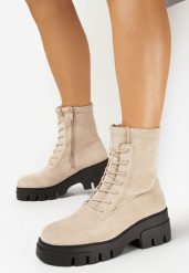 Beżowe Botki Workery na Grubej Podeszwie Chitrita. Brązowe botki Born2be, bez wzorów, bez obcasa, na płaskiej podeszwie, bez zapięcia. Za 119.99 zł.
