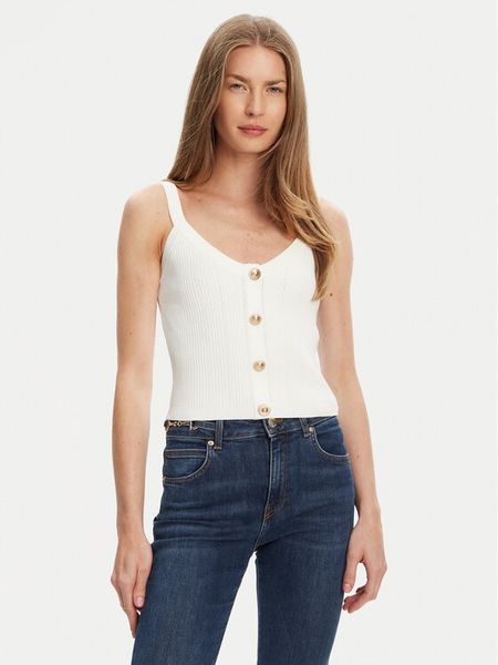 Guess Top W5YR10 Z0130 Biały Regular Fit. Białe topy Guess, xs, z aplikacjami, z syntetyku, bez kołnierzyka, bez ramiączek. Za 199.99 zł.