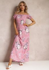 Różowa Sukienka Maxi z Ozdobnym Dekoltem i Cienkimi Gumkami Nesaina. Fioletowe sukienki Renee, na imprezę, s, bez wzorów, bez kołnierzyka, bez ramiączek, maxi, rozkloszowane. Za 39.99 zł.