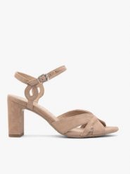 Beżowe sandały na obcasie. Brązowe sandały Ryłko, bez wzorów, ze skóry, eleganckie, z okrągłym noskiem, bez obcasa, na obcasie, bez zapięcia. Za 399.99 zł.