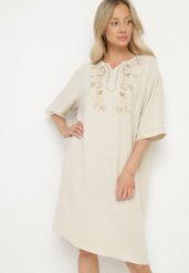 Jasnobeżowa Sukienka Pudełkowa z Guzikami i Ozdobnymi Haftami Jenivanea. Brązowe sukienki Born2be, na co dzień, l, z aplikacjami, eleganckie, bez kołnierzyka, bez ramiączek, midi. Za 84.99 zł.