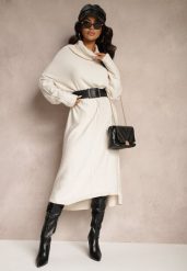 Jasnobeżowa Sweterkowa Sukienka z Wiskozą z Golfem i Eleganckimi Rozcięciami Elettrina. Brązowe sukienki Renee, na co dzień, s, bez wzorów, z wiskozy, eleganckie, bez kołnierzyka, bez ramiączek, midi. Za 99.99 zł.