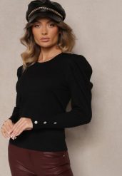 Czarny Sweter z Dodatkiem Wiskozy i Cyrkoniami Zakończony Ściągaczem Glorivia. Czarne swetry Renee, bez wzorów, z jeansu, bez ramiączek. Za 79.99 zł.