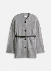 Krótki płaszcz dzianinowy z paskiem. Szare płaszcze bonprix, bez wzorów, z dzianiny, bez kaptura. Za 219.99 zł.