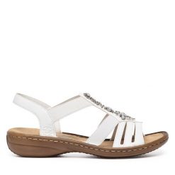 Sandały Rieker. Białe sandały Rieker, bez wzorów, bez obcasa, na płaskiej podeszwie, bez zapięcia. Za 239.99 zł.