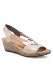 Rieker Sandały 624H6-60 Beżowy. Brązowe sandały Rieker, bez wzorów, z materiału, bez obcasa, na koturnie, bez zapięcia. Za 299.99 zł.
