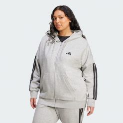 Bluza Essentials 3-Stripes Full-Zip Fleece Hoodie (Plus Size). Czarne bluzy Adidas, plus size, bez wzorów, z materiału, z kapturem. Za 259.00 zł.