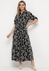 Czarna Koszulowa Sukienka z Podwijanymi Rękawami Zapinana na Guziki z Paskiem w Pasie Illnara. Czarne sukienki Born2be, na co dzień, l, bez wzorów, eleganckie, bez kołnierzyka, bez ramiączek, maxi, koszulowe. Za 49.99 zł.