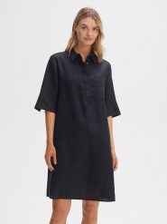 OPUS Lniana sukienka w kolorze czarnym rozmiar: 34. Czarne sukienki Opus, na co dzień, bez wzorów, ze lnu, bez kołnierzyka, bez ramiączek, midi, proste. Za 195.99 zł.