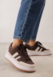 Brązowo-Beżowe Sneakersy Basic z Paskami na Boku Adila. Brązowe obuwie sportowe Renee, z jeansu, bez zapięcia. Za 99.99 zł.
