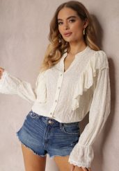 Beżowa Haftowana Koszula z Wiskozy z Falbankami i Ozdobnymi Mankietami Maybre. Brązowe koszule Renee, bez wzorów, z wiskozy, eleganckie, bez kołnierzyka, bez ramiączek. Za 114.99 zł.