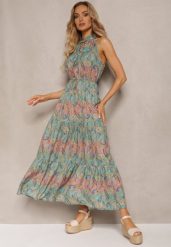 Niebiesko-Zielona Sukienka w Stylu Boho Bez Rękawów z Gumką w Pasie i Wiązaniem przy Dekolcie Yisa. Niebieskie sukienki Renee, na imprezę, na lato, l, bez wzorów, boho, bez kołnierzyka, bez ramiączek, maxi. Za 89.99 zł.