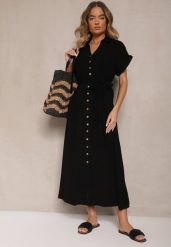 Czarna Sukienka z Wiskozy i Lnu o Koszulowym Kroju z Paskiem Efralissea. Czarne sukienki Renee, na co dzień, l, bez wzorów, z wiskozy, eleganckie, bez kołnierzyka, bez ramiączek, maxi, koszulowe. Za 109.99 zł.