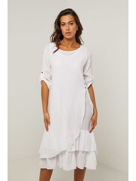 Le Monde du Lin Lniana sukienka w kolorze białym rozmiar: 36/38. Białe sukienki Le Monde du Lin, na co dzień, bez wzorów, ze lnu, klasyczne, bez kołnierzyka, bez ramiączek, midi, proste. Za 144.58 zł.