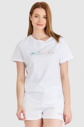 GUESS Biały t-shirt damski bawełniany z kolorowym logo, Rozmiar M. Białe t-shirty Guess, m, z aplikacjami, z bawełny, bez kołnierzyka, bez ramiączek. W wyprzedaży za 119.99 zł.