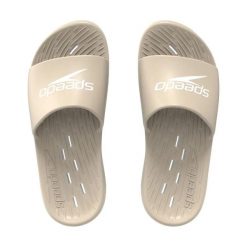 Klapki basenowe antypoślizgowe damskie Speedo Slides. Brązowe klapki Speedo, bez wzorów, z materiału, bez obcasa. Za 79.99 zł.
