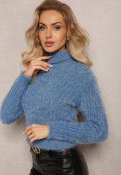 Granatowy Golf z Puchatego Materiału z Wełną i Długim Rękawem Geolla. Niebieskie golfy Renee, bez wzorów, z wełny, bez ramiączek. Za 44.99 zł.