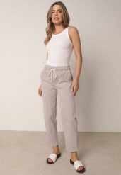 Szare Bawełniane Jeansy Typu Mom Fit z Wysokim Stanem i Sznurkiem Viviarinia. Szare jeansy Born2be, l, bez wzorów, z podwyższonym stanem. Za 129.99 zł.