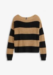 Sweter w paski. Brązowe swetry bonprix, bez wzorów, bez ramiączek. Za 82.99 zł.