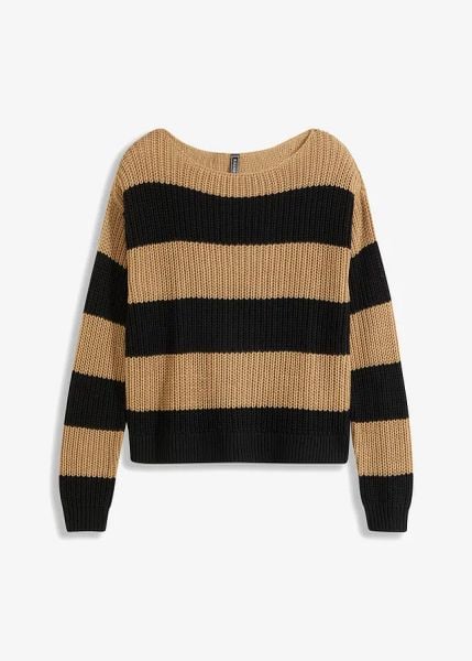 Sweter w paski. Brązowe swetry bonprix, bez wzorów, bez ramiączek. Za 92.99 zł.