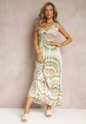 Zielona Sukienka z Wiskozy ze Wzorem Tie Dye z Gumką w Talii Brisea. Zielone sukienki Renee, na lato, l, bez wzorów, z wiskozy, bez kołnierzyka, bez ramiączek, maxi, kopertowe. Za 39.99 zł.