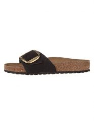 Birkenstock Skórzane klapki "Madrid Big Buckle" w kolorze czarnym rozmiar: 40. Czarne klapki Birkenstock, bez wzorów, z otwartym noskiem, bez obcasa. Za 440.28 zł.