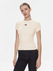 Tommy Jeans T-Shirt Badge DW0DW17881 Kremowy Slim Fit. Białe t-shirty Tommy Jeans, l, bez wzorów, z bawełny, bez kołnierzyka, bez ramiączek. Za 119.99 zł.