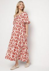 Czerwona Rozkloszowana Sukienka z Wiskozą z Motywem Roślinnym Loredia. Czerwone sukienki Born2be, na co dzień, l, bez wzorów, z jeansu, eleganckie, bez kołnierzyka, bez ramiączek, maxi, rozkloszowane. Za 119.99 zł.