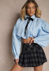 Niebieska Bufiasta Koszula z Bawełny w Stylu Retro z Ozdobną Kokardą Frulla. Niebieskie koszule Renee, bez wzorów, z bawełny, retro, bez kołnierzyka, bez ramiączek. Za 109.99 zł.