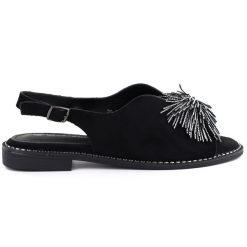 Sandały damskie zabudowane z cekinami czarne Potocki 43349. Czarne sandały POTOCKI, bez wzorów, z tkaniny, bez obcasa, bez zapięcia. Za 199.99 zł.