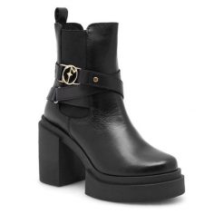 Botki Eva Minge. Czarne botki Eva Minge, bez wzorów, bez obcasa, na słupku, bez zapięcia. Za 399.99 zł.