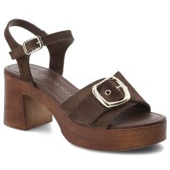 Sandały damskie Marco Tozzi, cholewka ze skóry naturalnej zamszowej drewnopodobne wykończenie elegancko casualowy styl, brązowe, 2-28391-46 361. Brązowe sandały Marco Tozzi, bez wzorów, ze skóry, eleganckie, bez obcasa, na obcasie, bez zapięcia. Za 269.90 zł.