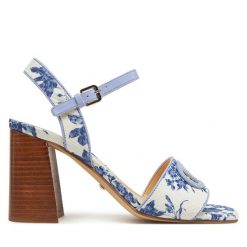 Sandały Guess. Niebieskie sandały Guess, z aplikacjami, bez obcasa, na słupku, bez zapięcia. Za 569.99 zł.