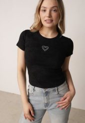Czarny Bawełniany T-shirt z Cyrkoniowym Sercem Arielin. Czarne koszulki sportowe Born2be, z aplikacjami, z bawełny, bez ramiączek. Za 39.99 zł.