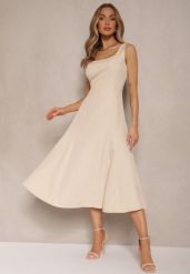 Beżowa Rozkloszowana Sukienka w Klasycznym Stylu Deslene. Brązowe sukienki Renee, na co dzień, l, bez wzorów, eleganckie, bez kołnierzyka, bez ramiączek, midi, proste. Za 69.99 zł.