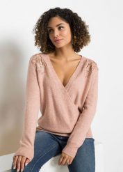 Sweter z efektem założenia kopertowego. Czerwone swetry bonprix, bez wzorów, z koronki, bez ramiączek. Za 129.99 zł.